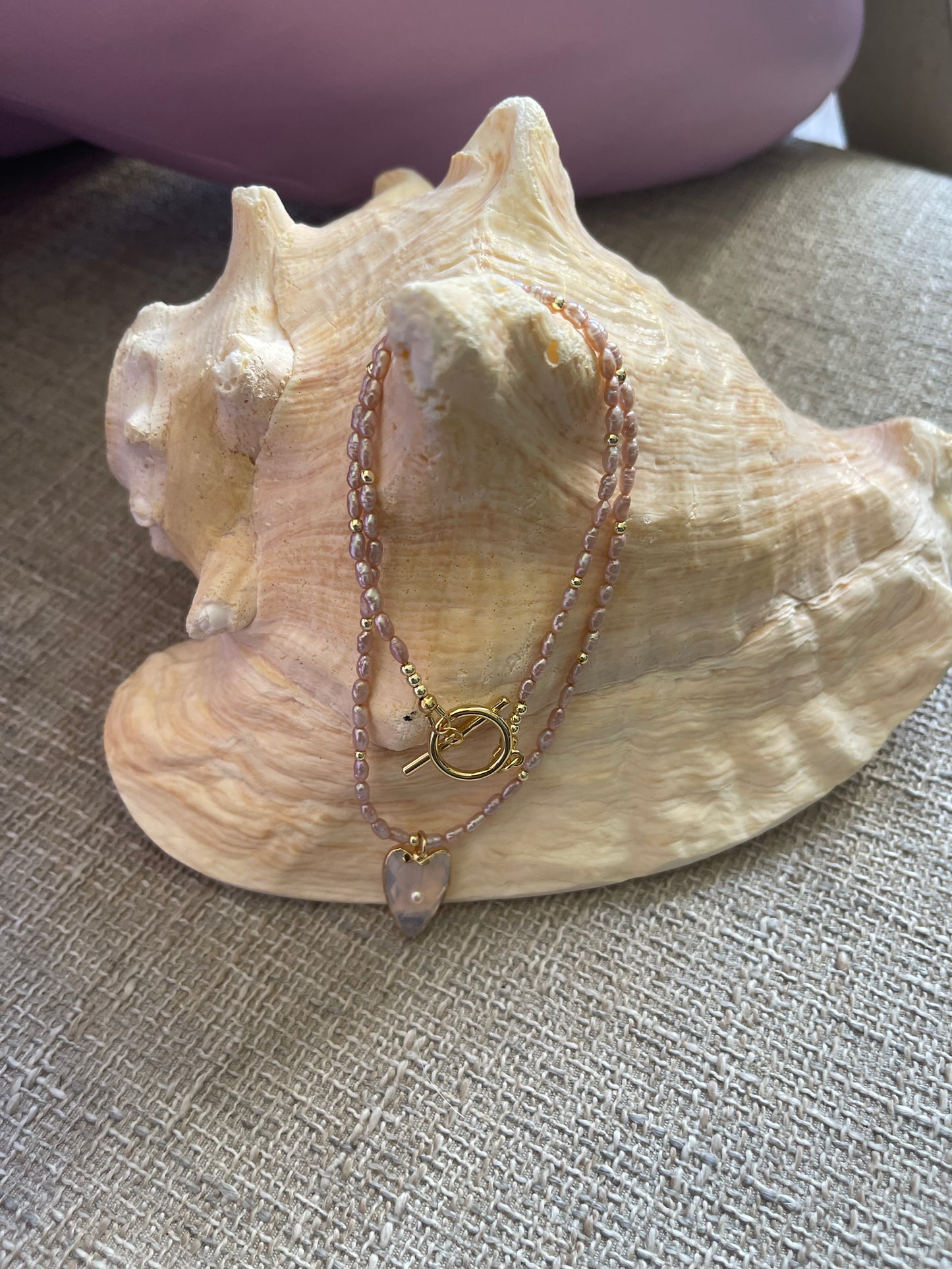 Vintage Pink Pearl Necklace with Clear Quartz Heart Pendant | Gold Toggle Clasp | Elegant Handmade Gemstone Necklace