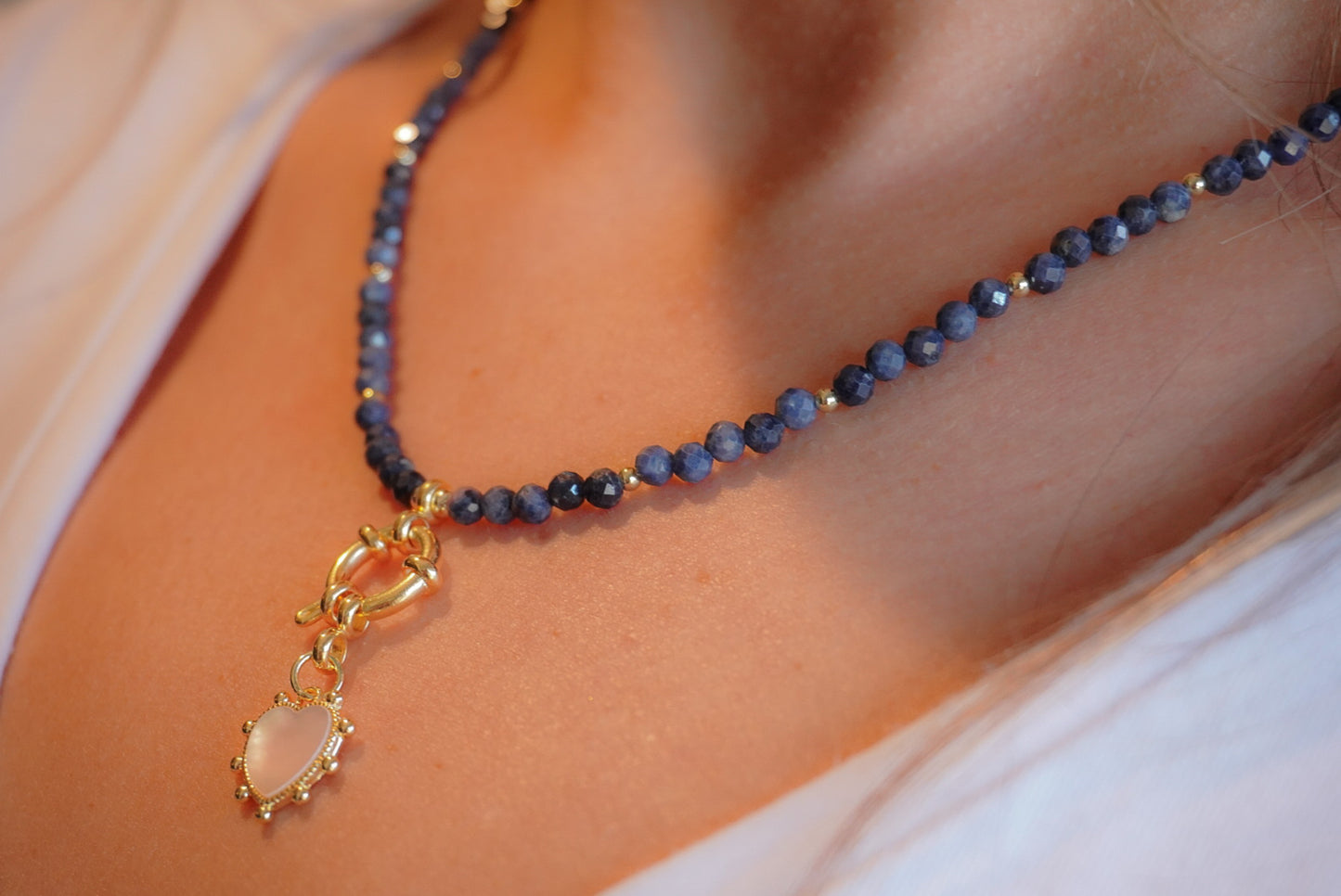 Genuine Blue Sapphire Beaded Necklace with Gold Toggle & Heart Pendant