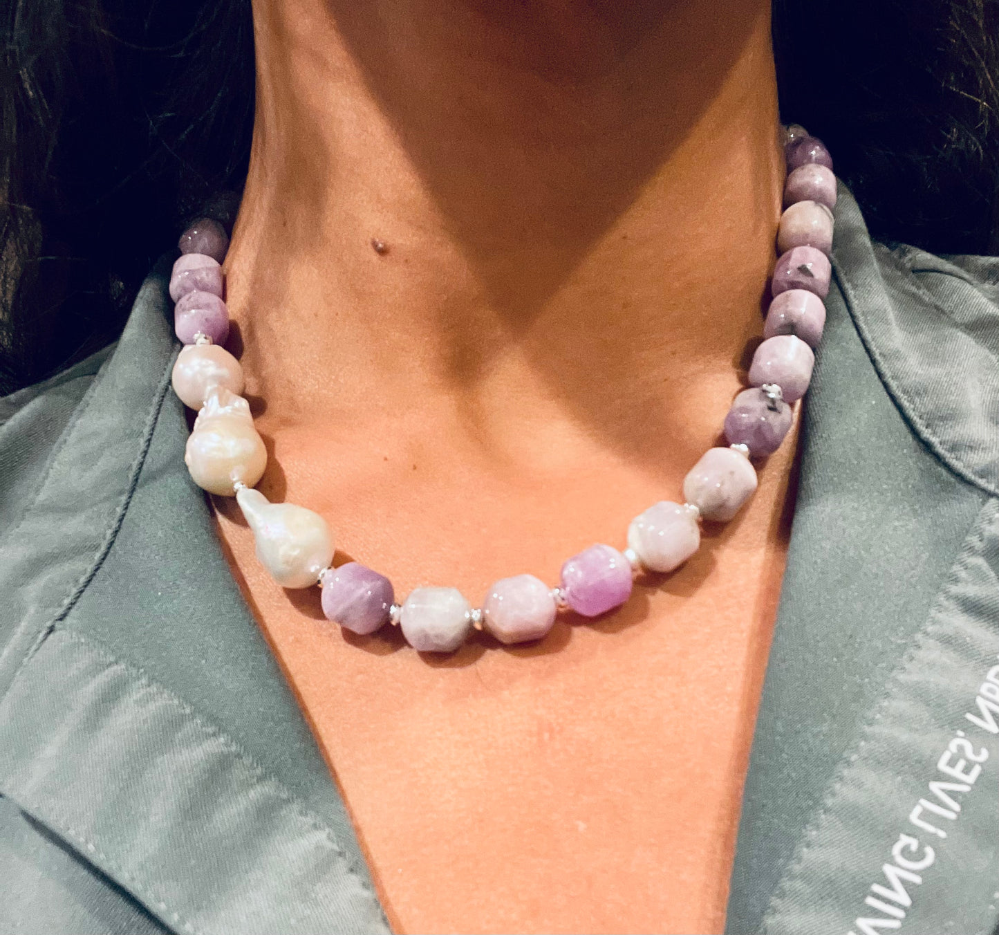 Natural Kunzite & Baroque Pearl Sterling Silver Necklace – Soft Lilac Serenity