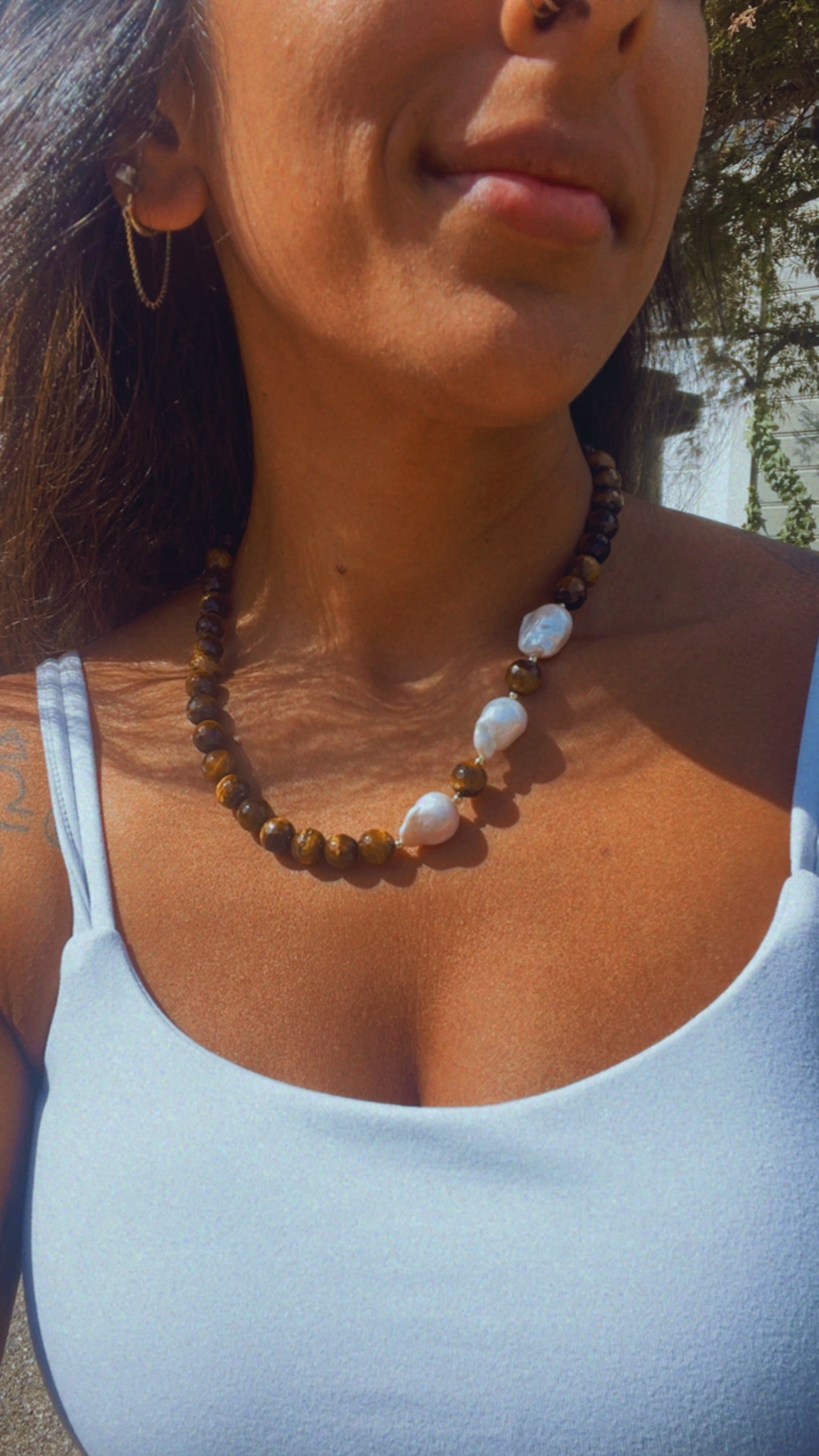 Tiger’s Eye & Baroque Pearl Statement Necklace