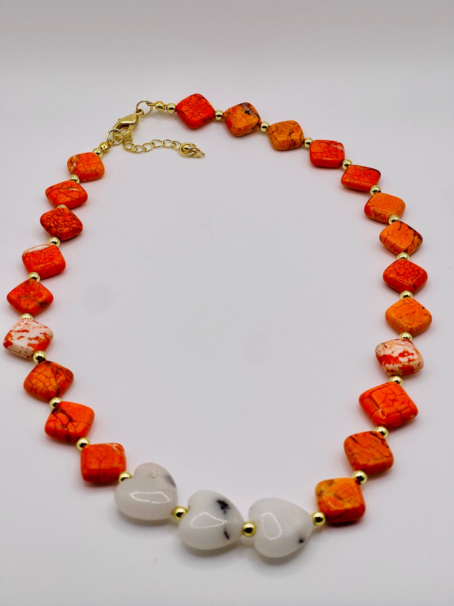 Sunset Ember Necklace – Orange Turquoise & Dendritic Jade Hearts
