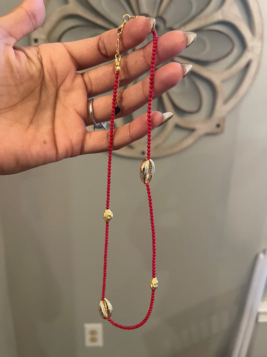 Red Dyed Coral Necklace with Gold-Plated Cowrie Shells & Nugget Spacers – Beach Luxe