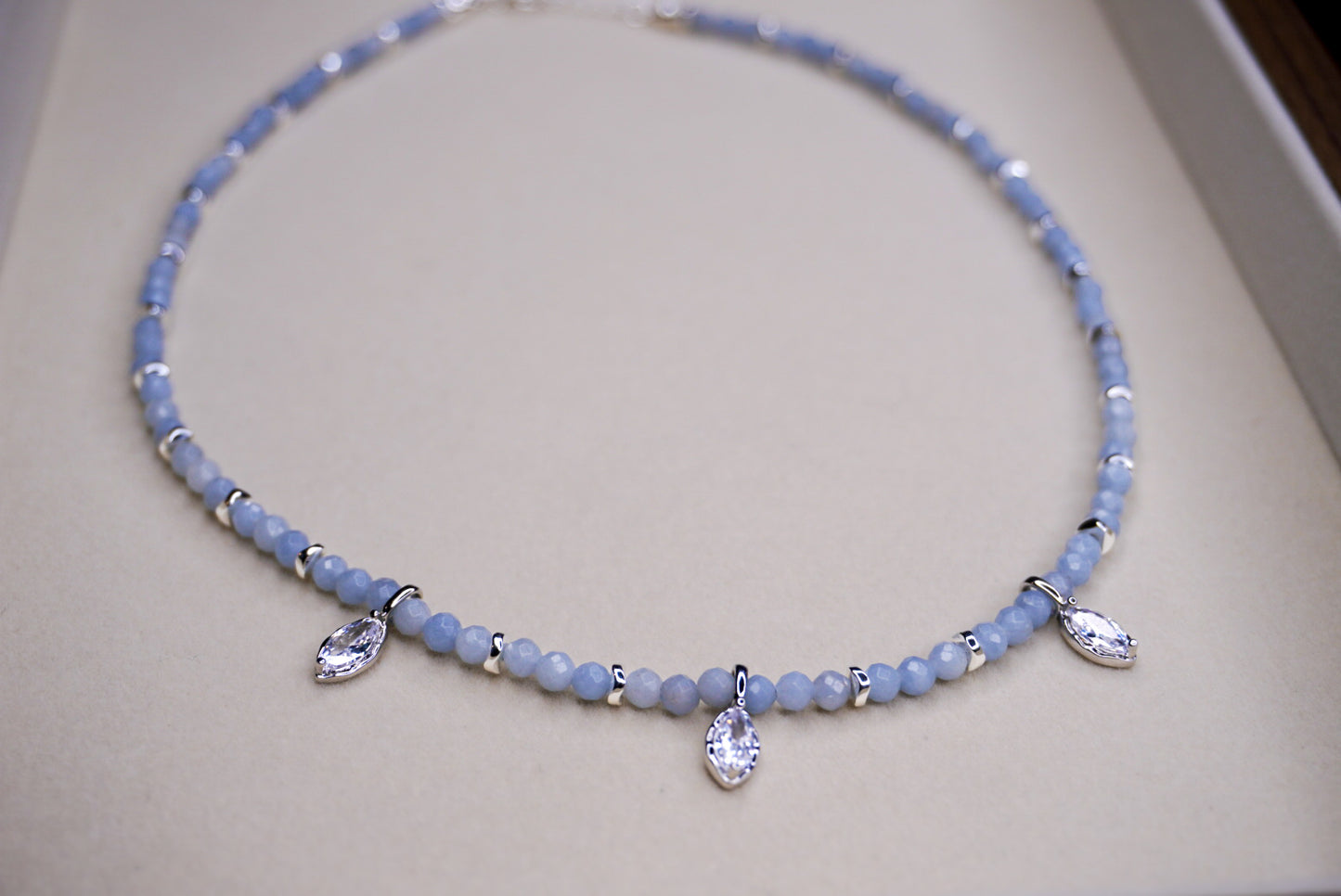 Angelite Gemstone Necklace with Cubic Zirconia Teardrop Charms