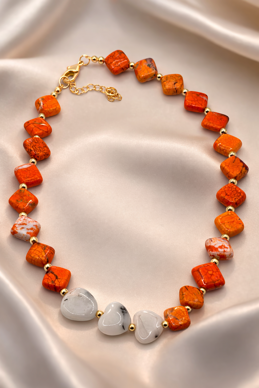 Sunset Ember Necklace – Orange Turquoise & Dendritic Jade Hearts