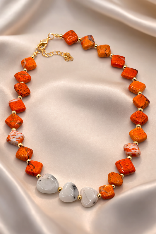 Sunset Ember Necklace – Orange Turquoise & Dendritic Jade Hearts