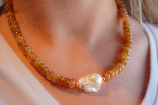 Citrine Glow Necklace with Baroque Freshwater Pearl