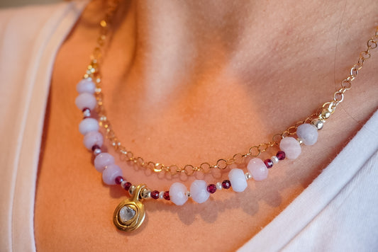 Madagascar Rose Quartz Necklace with Garnet, Pearls & Antique Gold Pendant