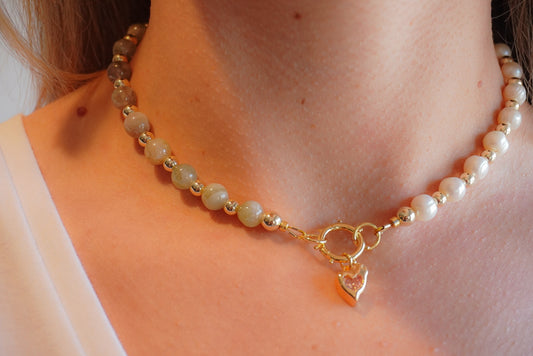 Green Garnet & Freshwater Pearl Choker with Pink Crystal Heart Charm