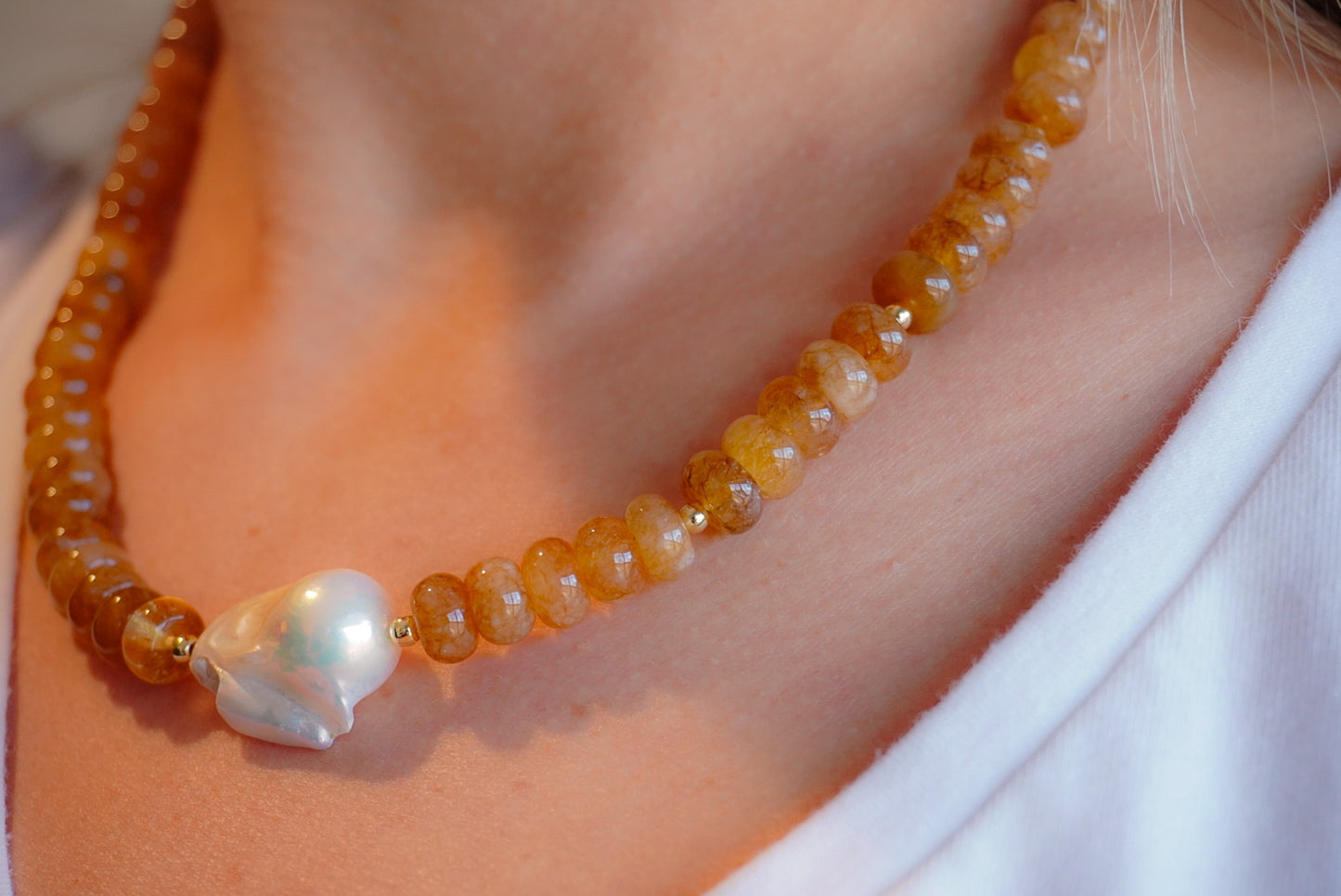Citrine Glow Necklace with Baroque Freshwater Pearl