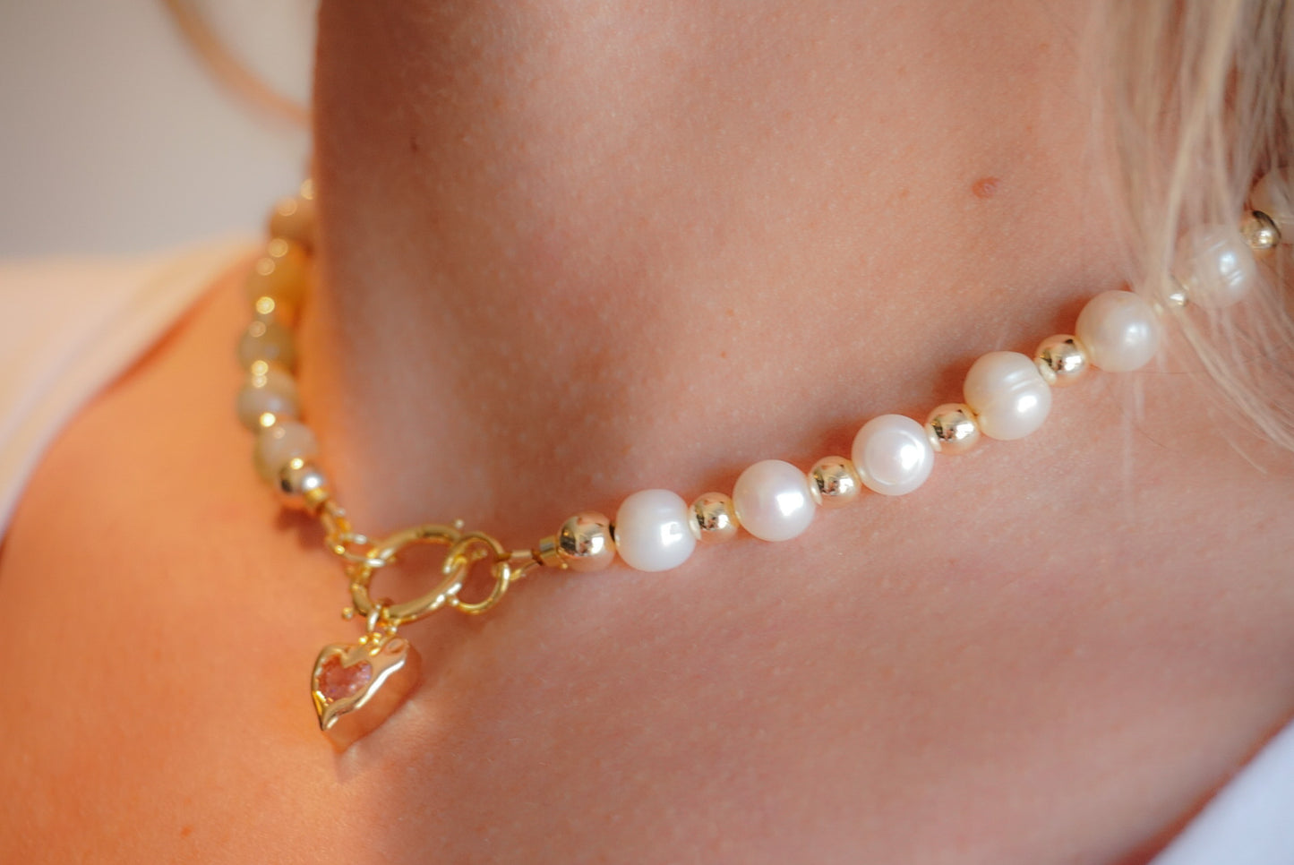 Green Garnet & Freshwater Pearl Choker with Pink Crystal Heart Charm