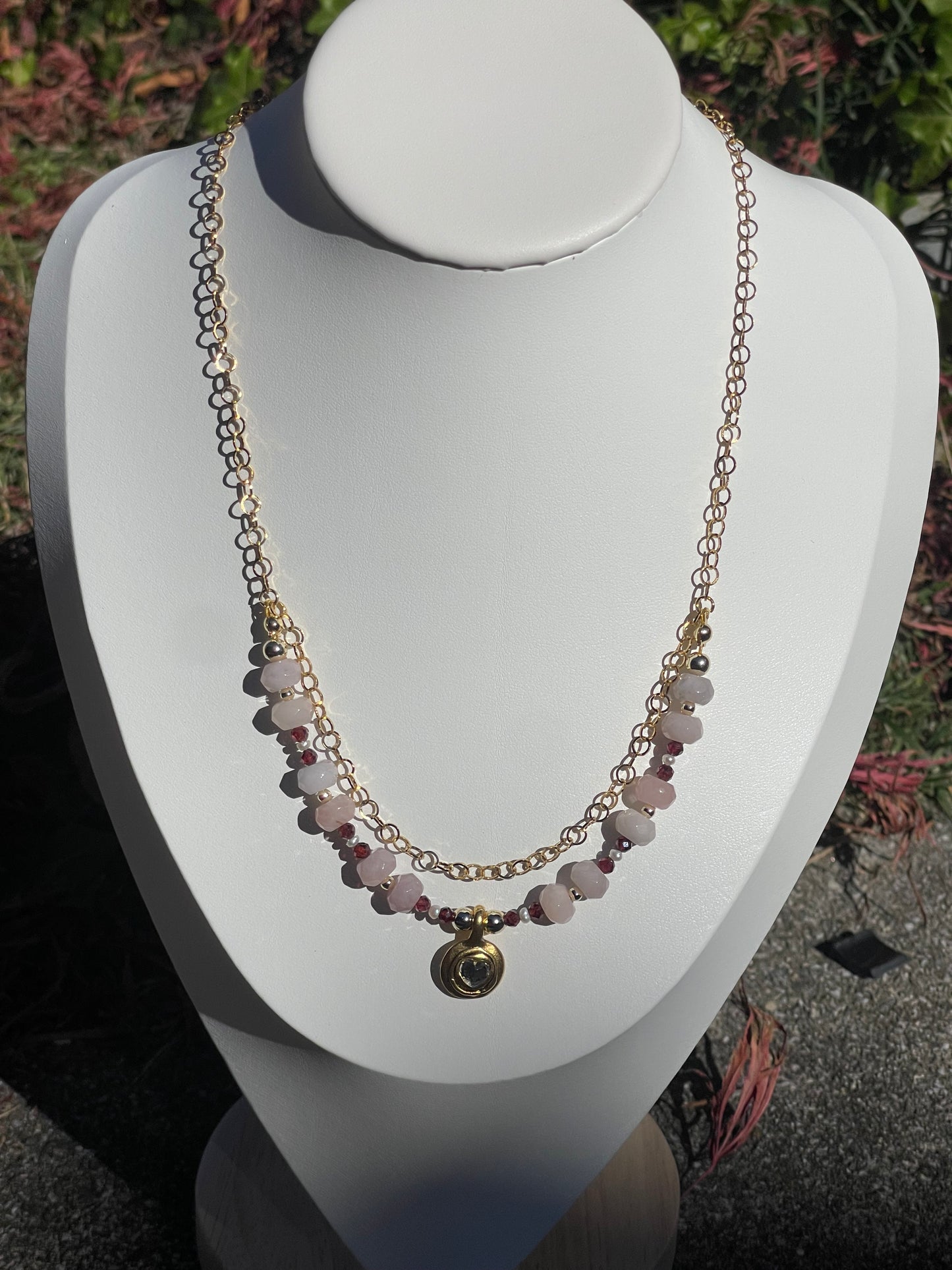 Madagascar Rose Quartz Necklace with Garnet, Pearls & Antique Gold Pendant