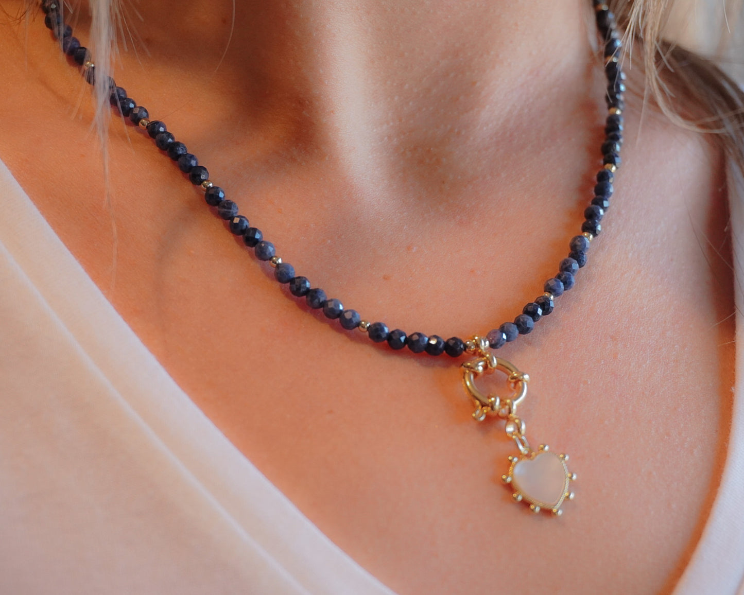 Genuine Blue Sapphire Beaded Necklace with Gold Toggle & Heart Pendant