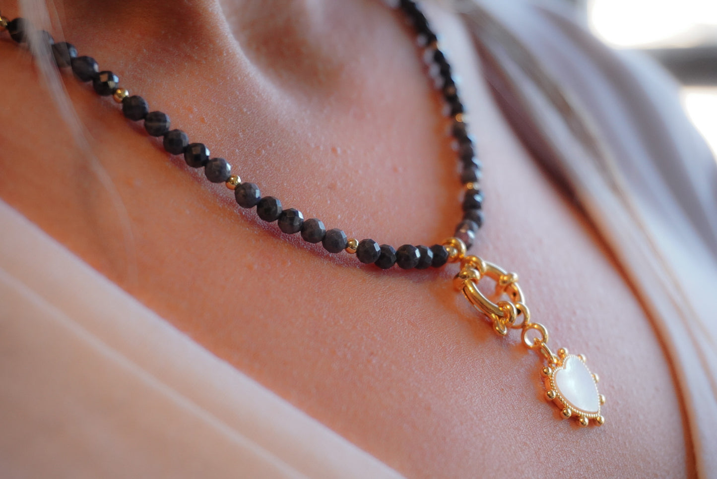 Genuine Blue Sapphire Beaded Necklace with Gold Toggle & Heart Pendant