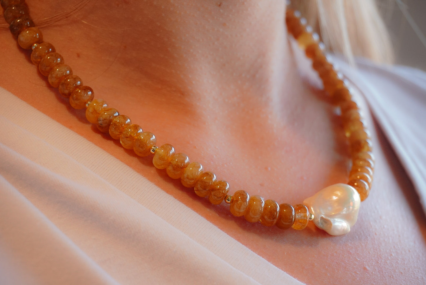 Citrine Glow Necklace with Baroque Freshwater Pearl