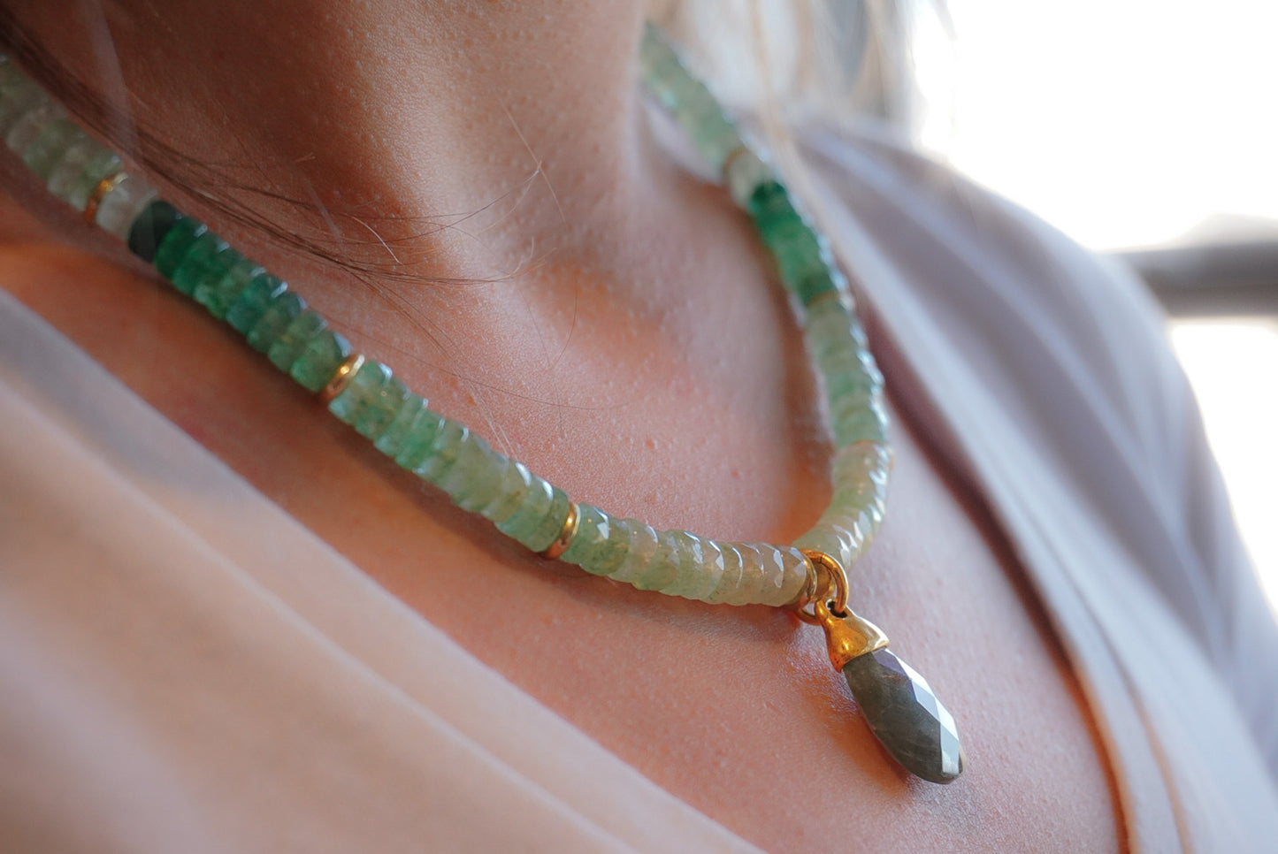 Faceted Green Strawberry Quartz & Labradorite Drop Necklace
