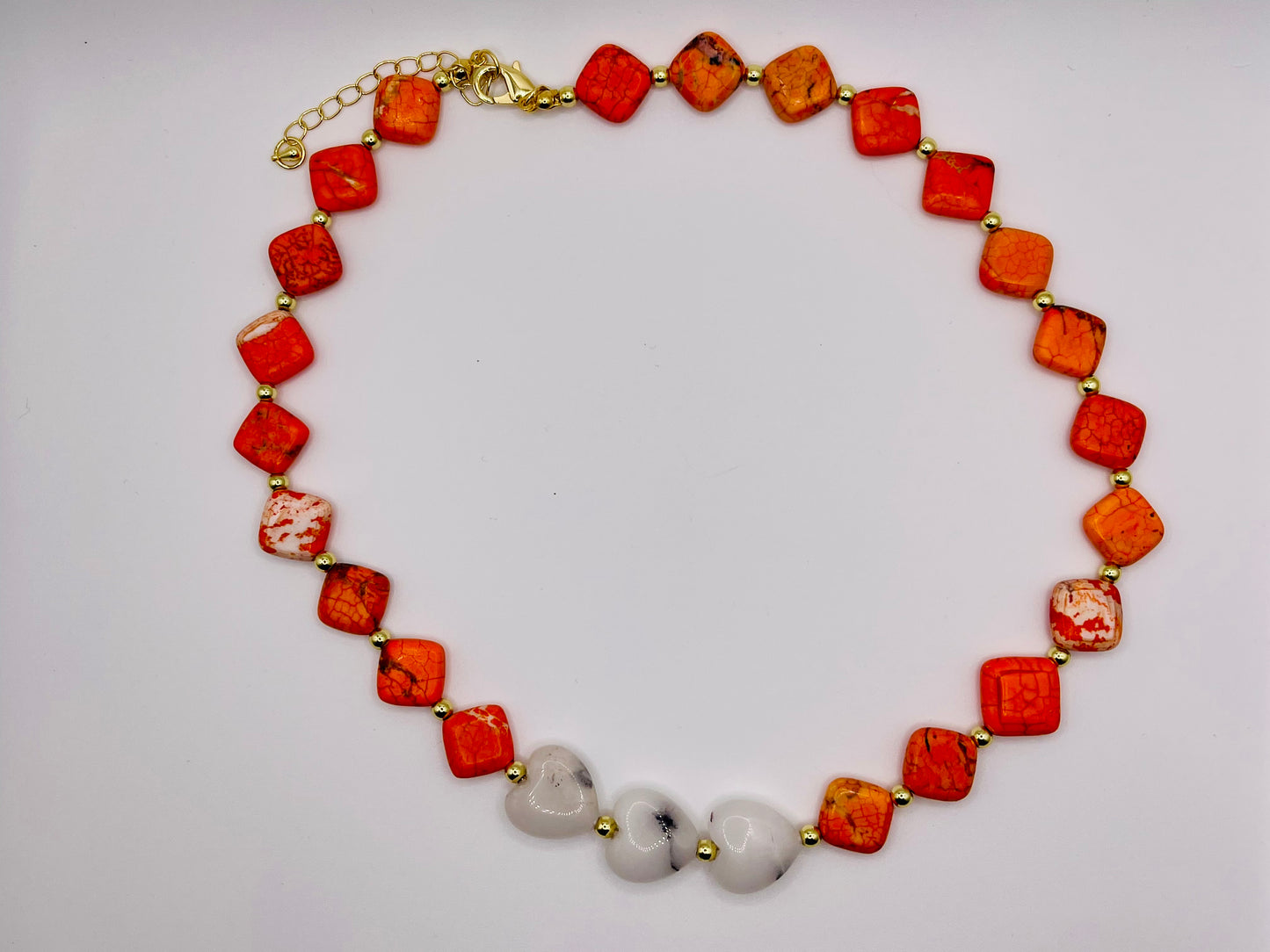 Sunset Ember Necklace – Orange Turquoise & Dendritic Jade Hearts