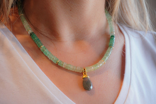 Faceted Green Strawberry Quartz & Labradorite Drop Necklace