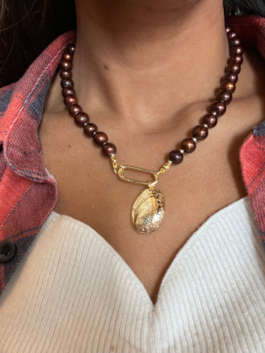 Chocolate Pearl & Golden Shell Pendant Necklace