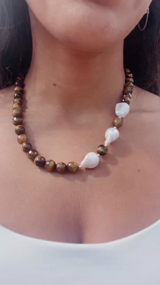 Tiger’s Eye & Baroque Pearl Statement Necklace